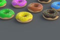 Scattered donuts on gray background. Homemade bakery. Break time. Sweet dessert. Fast food. Copy space