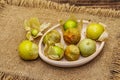 Scattered edible physalis with dry husk Royalty Free Stock Photo