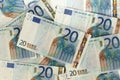 Scattered 20 euro banknotes closeup