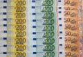 Scattered 200 euro, 100 euro, 50 euro banknotes, European currency - background. Royalty Free Stock Photo