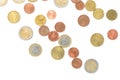 Scattered euro coins isolated on a white background