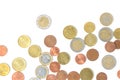 Scattered euro coins isolated on a white background