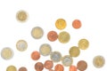 Scattered euro coins isolated on a white background