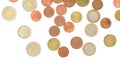 Scattered euro coins isolated on a white background