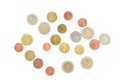 Scattered euro coins isolated on a white background