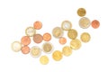 Scattered euro coins isolated on a white background