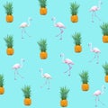 Scattered Flamingo birds and pineapples background Royalty Free Stock Photo