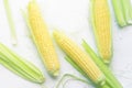 Scattered fresh corn ears with green leaves on vintage light background. Top view