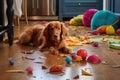 scattered garbage on kitchen floor with chewed dog toy