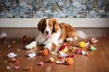 scattered garbage on kitchen floor with chewed dog toy