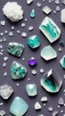 Scattered gems, crystals and minerals. A postcard with diamonds, emeralds and sapphires. Wallpaper. The generated AI. Royalty Free Stock Photo