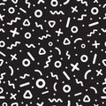 Scattered Geometric Line Shapes. Abstract Background Design. Vector Seamless Black and White Pattern.