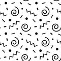 Scattered Geometric Line Shapes. Abstract Background Design. Vector Seamless Black and White Pattern.