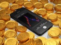 Scattered gold colored Bitcoins and Smartphone