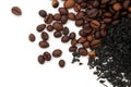 Coffee beans and loose leaf black tea on white background Royalty Free Stock Photo