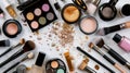 Scattered makeup products on white backdrop, beauty in disarray