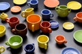Scattered mugs and plates Different sizes and colors Royalty Free Stock Photo