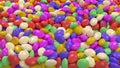 Scattered multi-colored jelly beans. Candy background image. 3D Rendering.