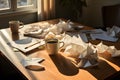 Economic downturn Scattered papers and an overturned coffee mug on desk. AI Generated