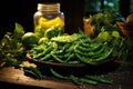 Scattered peas with lettuce, green pods, asparagus, peppers of a bucket on