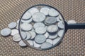 Scattered pennies in a magnifying glass. Currency in Ukraine