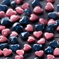 Scattered pink and blue hearts on a table (tiled)
