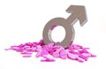 Scattered pink pill hearts sign man on a white background 3D illustration, 3D rendering