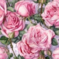 Scattered Pink Rose Bouquet on White Watercolor Background .