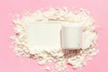 Scattered protein and scoop on pink background top view. Royalty Free Stock Photo