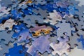 Scattered puzzle pieces with blue motive