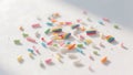 Scattered rainbow sprinkles and candy pieces on a bright white surface, casting soft shadows Royalty Free Stock Photo