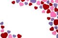 Scattered red, purple and pink felt hearts isolated on a white background, corner, border - valentines, love