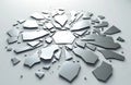 Scattered reflective mirror pieces on white surface. Irregular sharp shards form abstract pattern. Broken glass fragments create Royalty Free Stock Photo