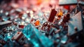 Scattered remains of electronic components and broken crystal glass creating a reflective textural abstract surface Royalty Free Stock Photo