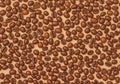 Scattered roasted coffee beans are displayed on a light beige background Royalty Free Stock Photo