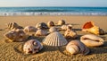 Are scattered on a sandy beach with the ocean waves visible in the Royalty Free Stock Photo