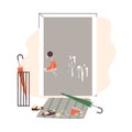 Scattered shoes and scratched front door flat style, vector illustration