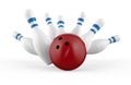 Scattered skittle and bowling ball Royalty Free Stock Photo