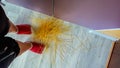 Scattered spaghetti on floor. The woman dropped the spaghetti Royalty Free Stock Photo