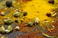 Scattered spices on a black background close-up