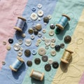 Scattered among the spools are various buttons in different sizes, Royalty Free Stock Photo