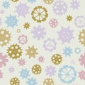 Scattered sprocket-wheels, gear silhouettes seamless pattern, pastel colors. Children`s design. Seamless pattern silhouette cut g