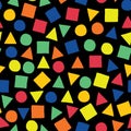 Scattered squares, triangles, and circles in blue, orange, red, green, and yellow on a black background. Geometric shapes hand Royalty Free Stock Photo