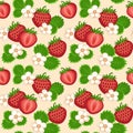 Scattered strawberries and flowers, seamless vector pattern