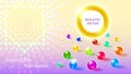 Scattered on the surface multicolored sparkling glass bubbles round banner on a purple gradient background