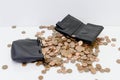 scattered on the table with small copper coins, euro cents and an open wallet, a leather wallet, and a piggy bank bag. concept of Royalty Free Stock Photo