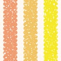 Scattered white brush texture on scalloped orange and yellow vertical stripes. Seamless geometric vector pattern on