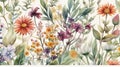 Scattered Wildflowers and Leaves Watercolor Seamless Pattern for Summer Designs.