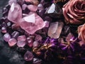 Scattering of amethyst, quartz stones and rose flowers on grey surface, top view, close-up.