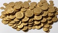 A scattering of coins on the table. Antique gold coins, generated AI Royalty Free Stock Photo